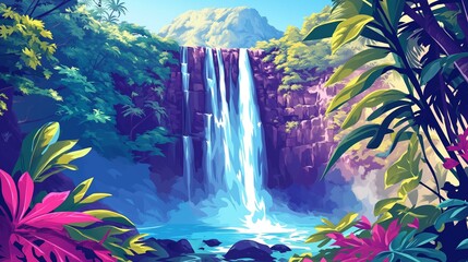 Waterfall that cascades down a rock wall covered in lush foliage into a large pool, tropical foliage in foreground, illustration