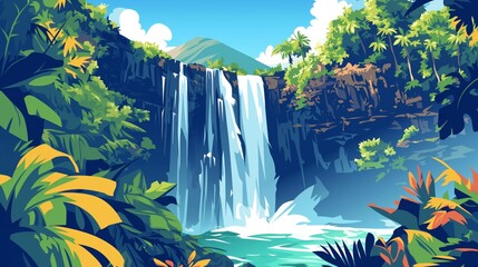 Waterfall that cascades down a rock wall covered in lush foliage into a large pool, tropical foliage in foreground, illustration