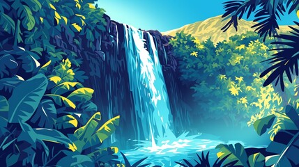 Waterfall that cascades down a rock wall covered in lush foliage into a large pool, tropical foliage in foreground, illustration