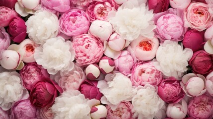 Beautiful background of fresh pink peonies in full bloom, close-up, top view. The concept of a happy Mother's Day, birthday or Valentine's Day greeting card.