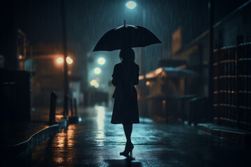 AI generated illustration of a silhouette of a female under an umbrella in a gloomy city - obrazy, fototapety, plakaty