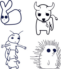 A set of simple drawings of animals. Among them are a hedgehog, a rabbit, a bull and a centipede.