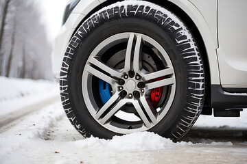 A close up of a tire on a car in the snow