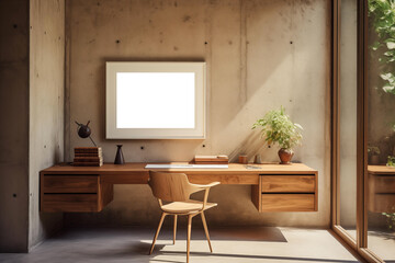 chair and wood  side table with empty blank mock up frame,  home interior