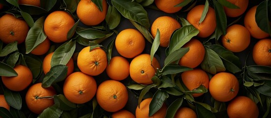 A stack of Valencia oranges, each adorned with vibrant green leaves, sits on a table; a delightful display of citrus fruit.
