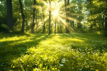 Fototapeta na wymiar Sunlight in the green forest, spring time. generative ai.