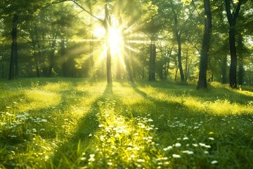 Sunlight in the green forest, spring time. generative ai.