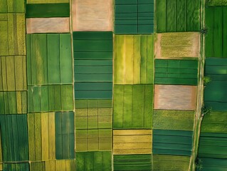 Top-down view of patchwork fields of crops in agricultural regions