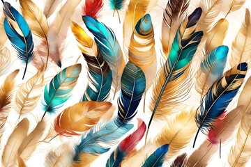 colorful feathers artwork watercolor art design. Modern wall poster abstract golden lines art decorative painting decoration