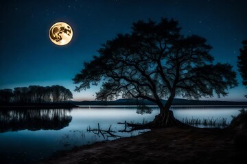 Picture of a lake shore at night with tree and oversized moon