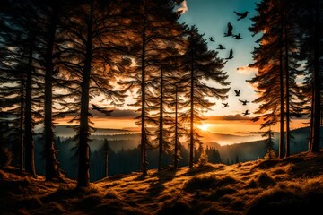 Landscape wallpaper with black forest background. trees, clouds with black birds in sunset. mural art for canvas frame on walls . suitable for wallpaper home decor