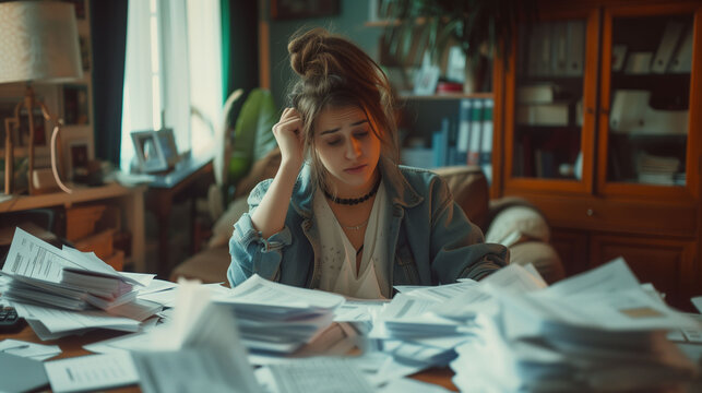 A young woman is overwhelmed with doing taxes and paperwork