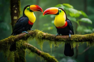 Foto auf Glas Two toucans sitting on a branch in the rainforest, toucan tropical bird sitting on a tree branch in natural wildlife environment, Ai generated © Tanu