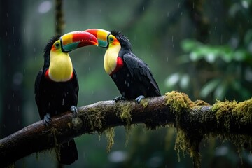 Obraz premium Two toucans sitting on a branch in the rainforest, toucan tropical bird sitting on a tree branch in natural wildlife environment, Ai generated