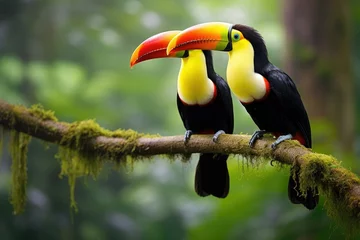 Rolgordijnen Two toucans sitting on a branch in the rainforest, toucan tropical bird sitting on a tree branch in natural wildlife environment, Ai generated © Tanu