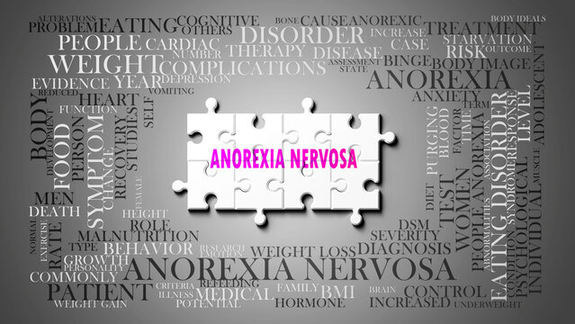 Anorexia Nervosa as a complex subject, related to important topics. Pictured as a puzzle and a word cloud made of most important ideas and phrases related to anorexia nervosa. 3d illustration
