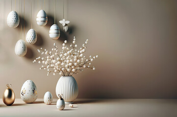 Minimal Easter composition with Easter eggs on beige background.