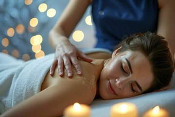 Obraz na płótnie Canvas Relaxed woman enjoying back massage at luxury spa. Wellness and self-care.