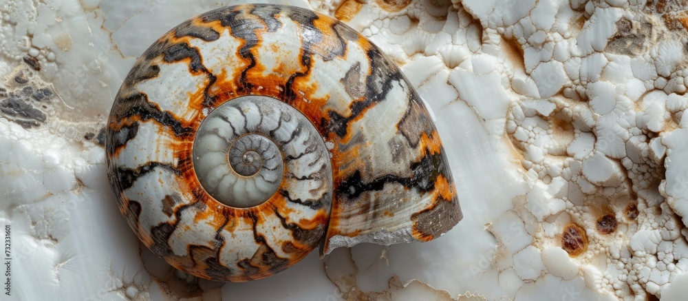 Poster a magnificent close-up of an ammonoidea shell, showcasing its intricate pattern and mesmerizing symm