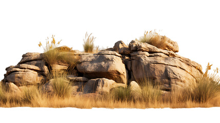savanna dry grass meadow shrubs with rocks isolated on white transparent png