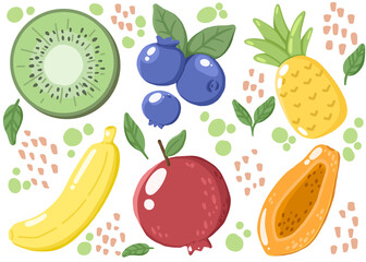 fruit set. Fruit Collection with berry, kiwi, Banana, Pineapple, pomegranate, papaya, in Illustration. hand draw Illustration. Fruit icon.
