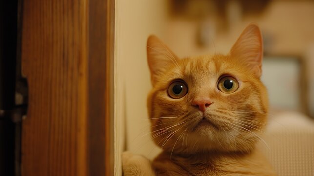 A cat with bulging eyes looks at its owner in surprise