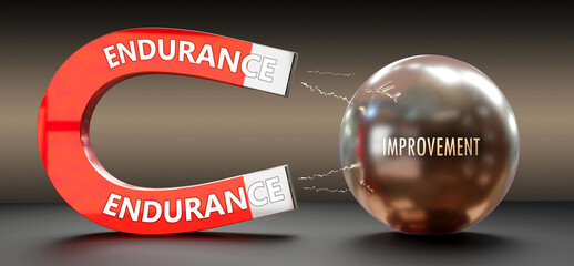 Endurance attracts Improvement. A metaphor showing endurance as a big magnet attracting improvement. Analogy to demonstrate the importance and strength of endurance. 3d illustration