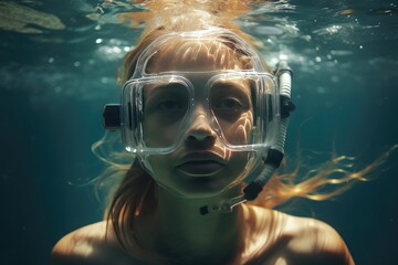 Young woman wearing snorkeling gear underwater, Underwater background of a woman snorkeling and doing freediving, Ai generated