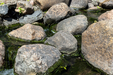 water flowing in a small narrow stream in summer