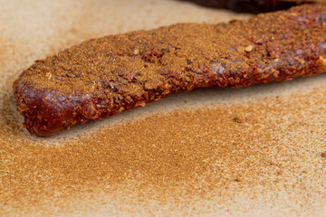 very spicy pork meat with red hot pepper on the table
