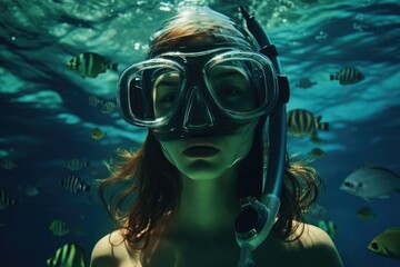Naklejka na ściany i meble Young woman wearing snorkeling gear underwater, Underwater background of a woman snorkeling and doing freediving, Ai generated