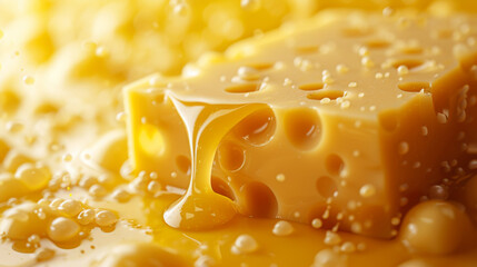 Macro shot of Swiss cheese with characteristic holes, glistening with melting droplets.