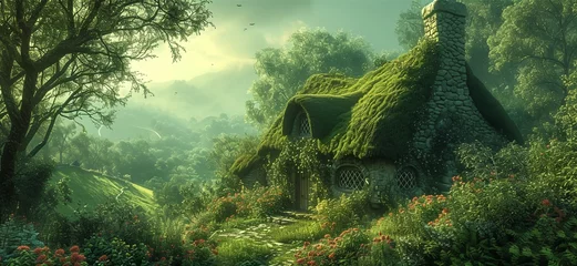 Zelfklevend Fotobehang Enchanting Landscapes: Exploring the Emerald Isles, Misty Lands, and Rolling Hills with Thatched Roofs © dimensdesign