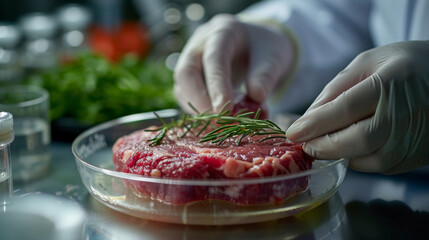 Close-up of a professional chef's hands carefully seasoning a raw steak with rosemary in a gourmet kitchen.