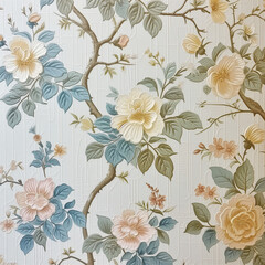 Vintage Floral Wallpaper Design, Elegant Blossoms and Foliage, Classic Wall Decor, Close-Up of Pastel Flower Pattern, Textured Background, Traditional Home Styling, Chic Interior Aesthetics