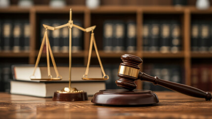 A judicial wooden gavel and brass scales of justice placed on a desk with a backdrop of legal books in a traditional law library setting.