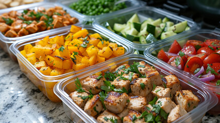 A variety of meal prep containers featuring grilled chicken cubes, diced mango, green peas, cucumber salad, and cherry tomatoes, neatly arranged on a kitchen countertop.