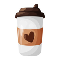 Cup of coffee with lid. Disposable paper cup to go. Cartoon vector illustration of delicious fragrant coffee on a white background