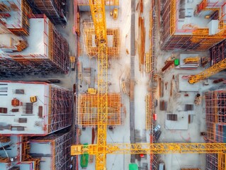 Drone perspective of a construction site with cranes and scaffolding