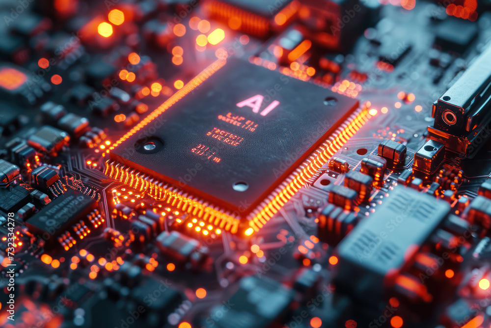 Aufkleber Computer Processor Microchip with AI Sign on a Glowing Circuit Board extreme closeup. Generative AI
