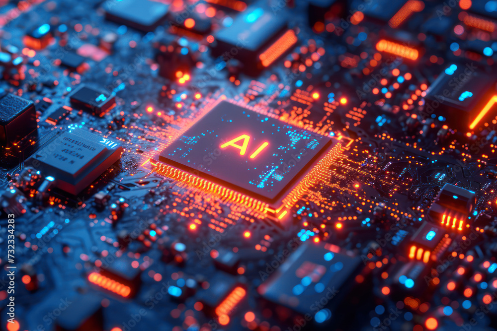 Aufkleber Computer Processor Microchip with AI Sign on a Glowing Circuit Board extreme closeup. Generative AI