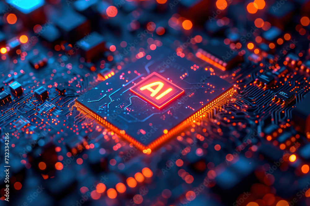 Poster Computer Processor Microchip with AI Sign on a Glowing Circuit Board extreme closeup. Generative AI