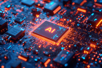 Fototapeta na wymiar Computer Processor Microchip with AI Sign on a Glowing Circuit Board extreme closeup. Generative AI