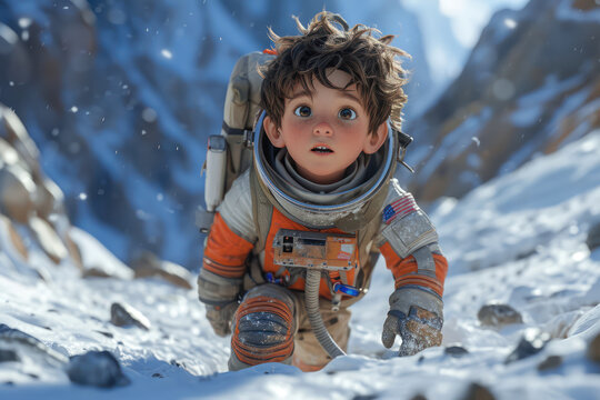 Cute Cartoon Character Astronaut Boy Person in Spacesuit extreme closeup. Generative AI