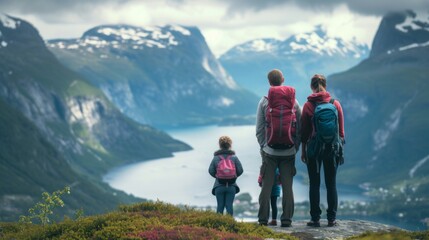 Obraz premium A афьшдн stands with their backs and admires the view of snowy mountains and lake. A travelers traveling on vacation in the most beautiful place in the world. Winter vacation