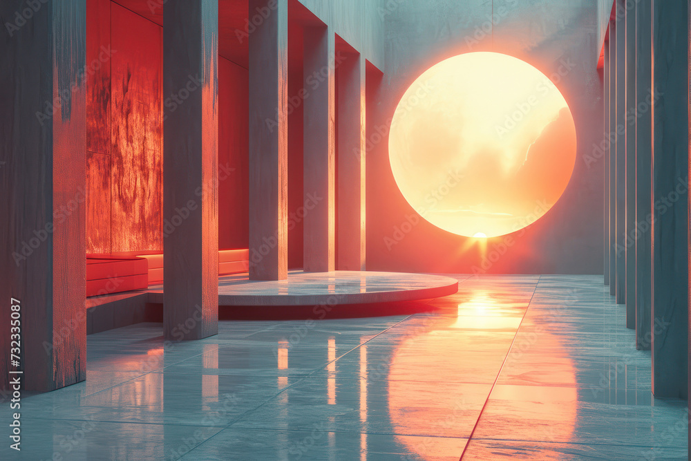 Poster multicolored abstract interior of a room with walls, stairs and openings in the form of geometric sh