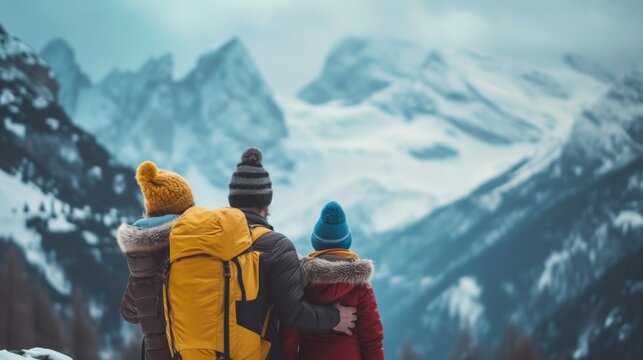 A афьшдн stands with their backs and admires the view of snowy mountains. A travelers traveling on vacation in the most beautiful place in the world. Winter vacation