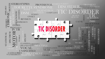 Tic Disorder as a complex subject, related to important topics. Pictured as a puzzle and a word cloud made of most important ideas and phrases related to tic disorder. 3d illustration