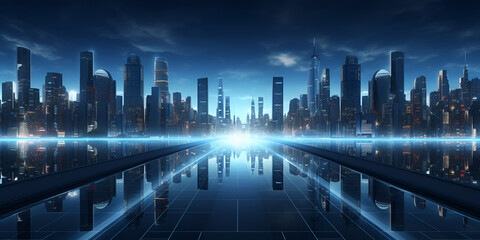 A city skyline with lights reflecting on water AI Generative 
