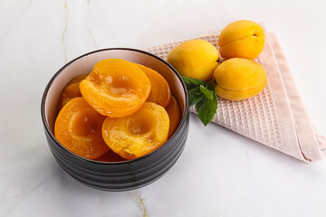 Few canned aprocots in the bowl